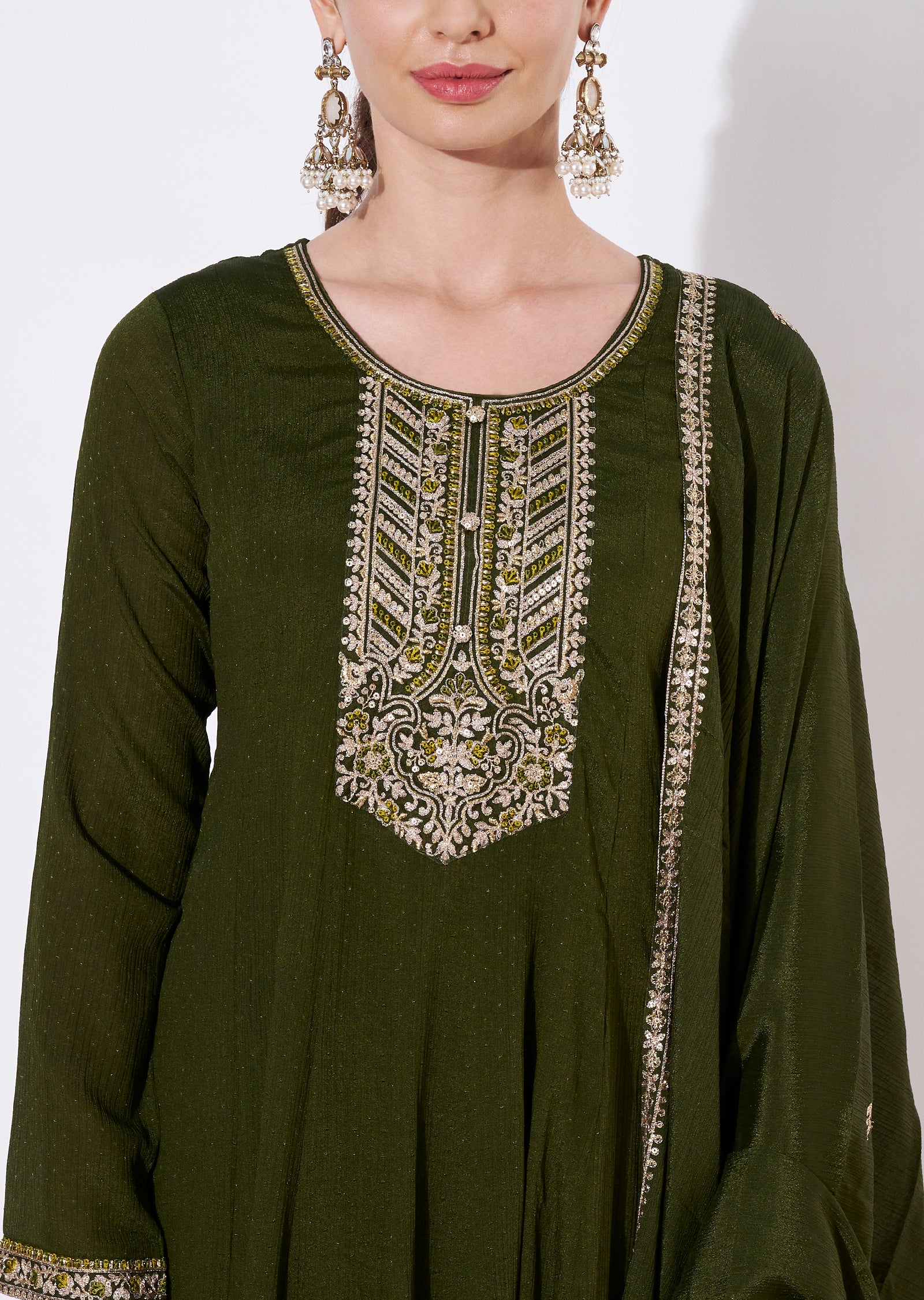 Olive green Chinnon Anarkali Suit