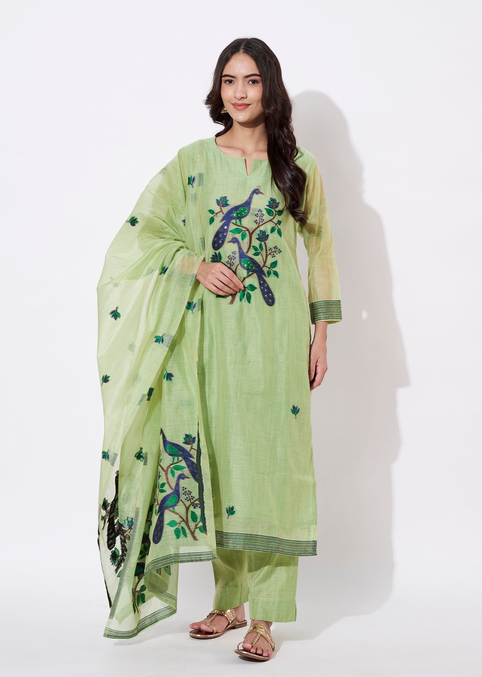 Parrot Green Chanderi Straight cut suit
