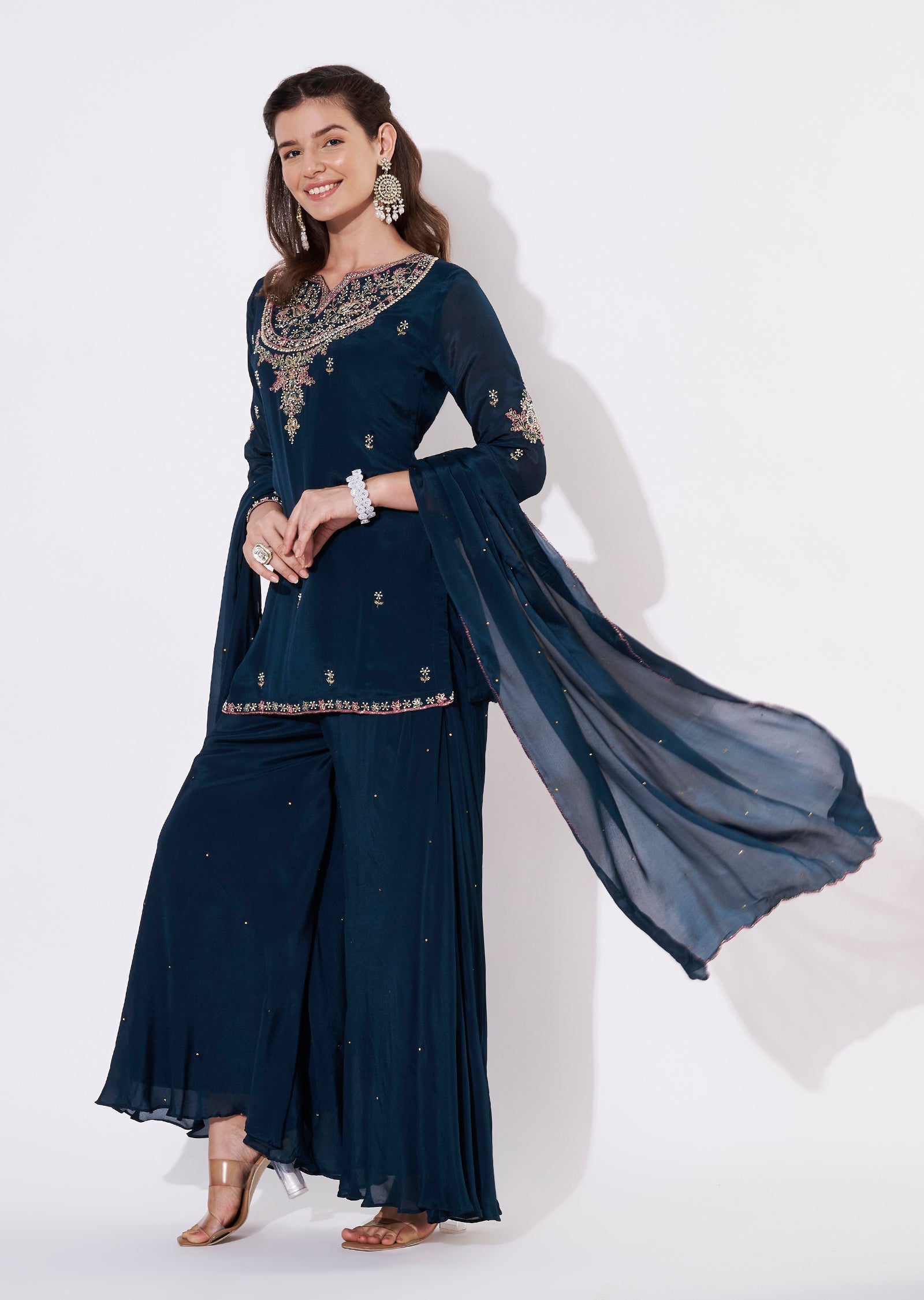 Teal Blue Chinnon Sharara Set