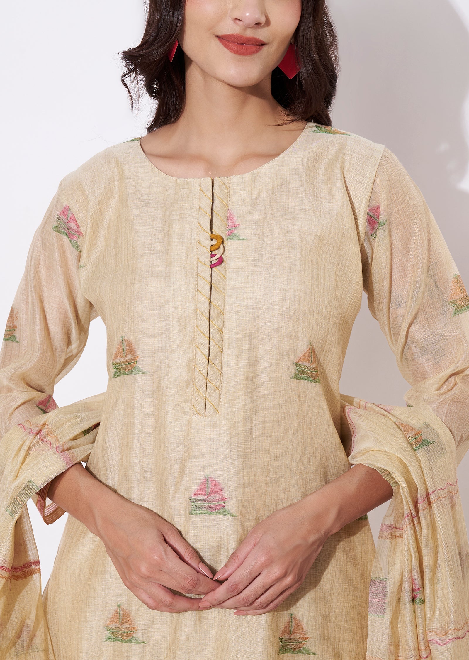 Dart Beige Chanderi Straight cut suit