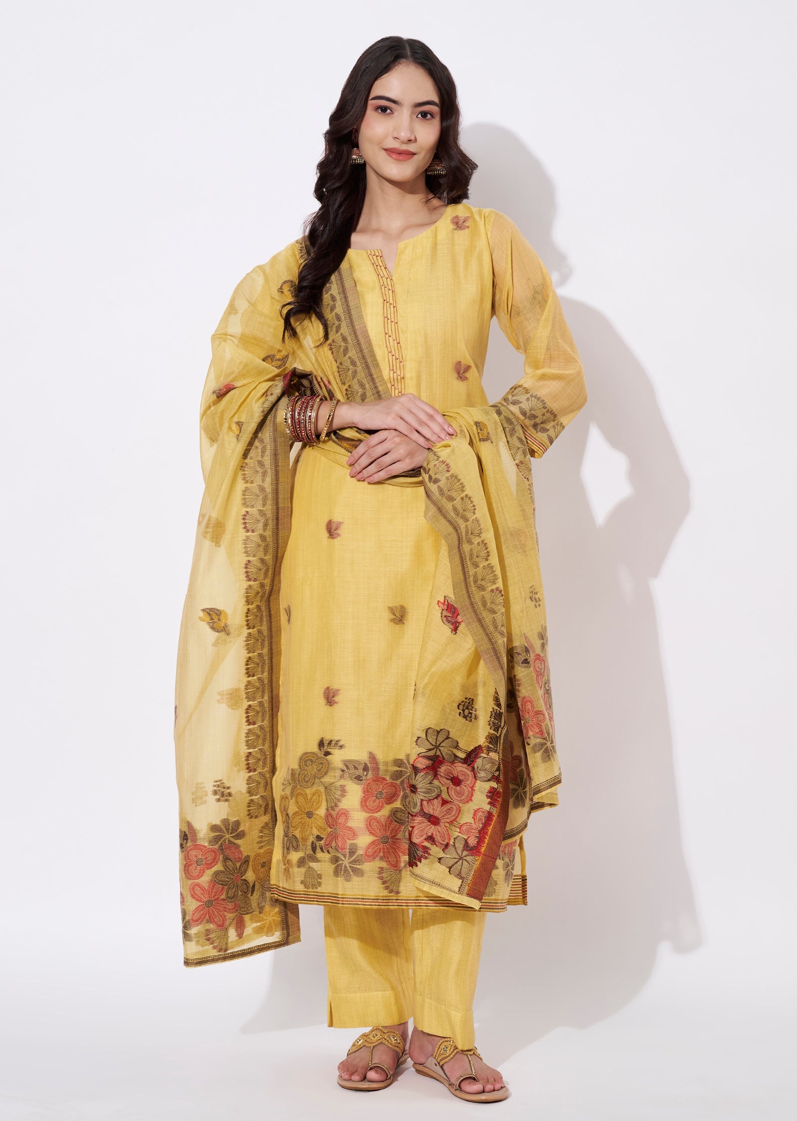Yellow Chanderi Straight cut suit