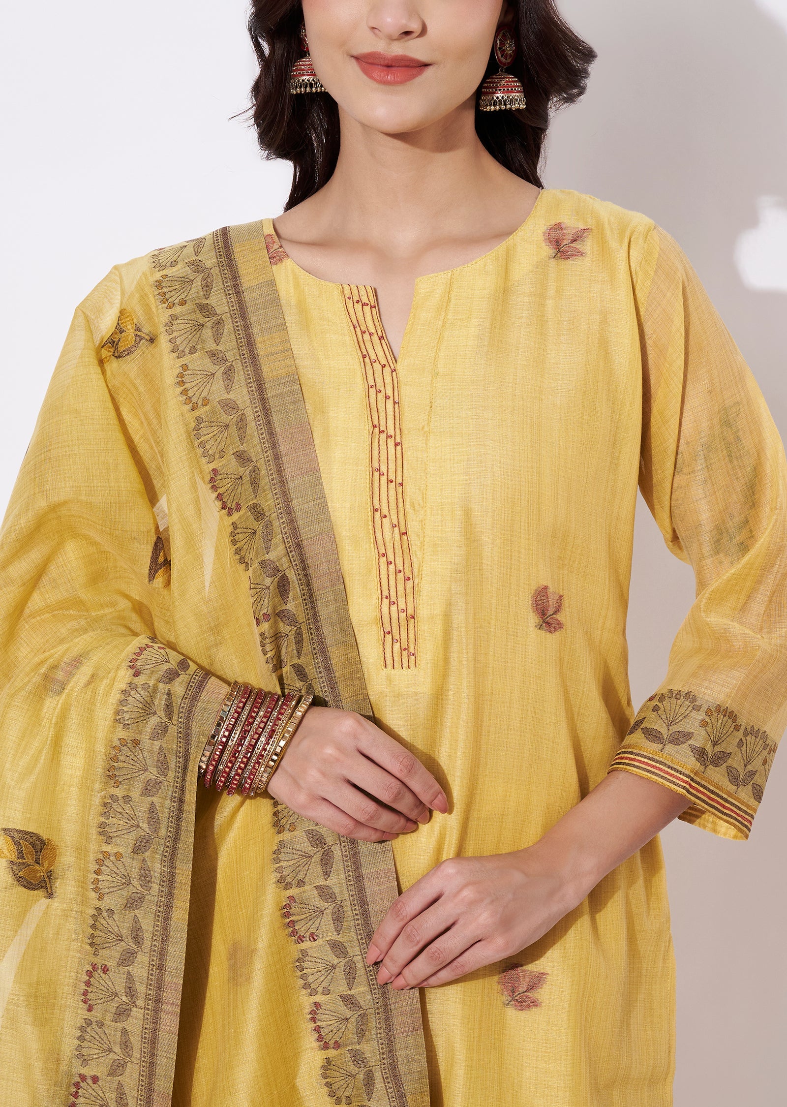 Yellow Chanderi Straight cut suit