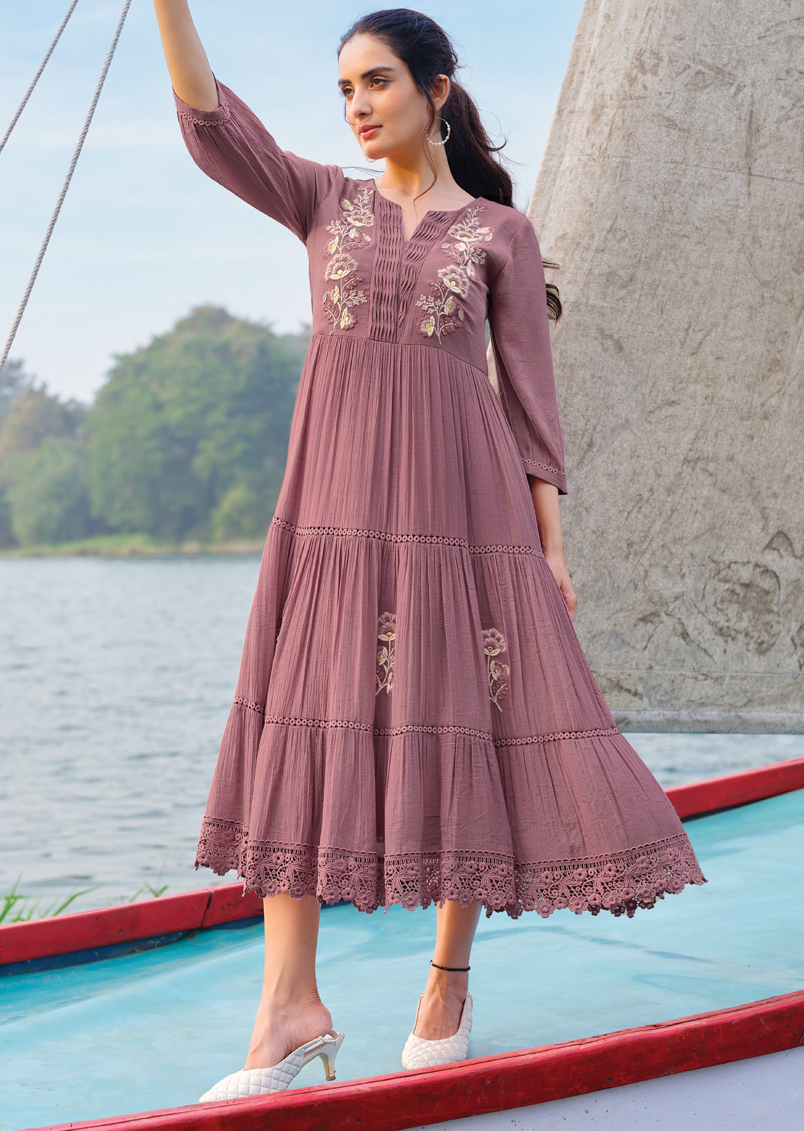 Dark Onion Pink Linen Georgette Frock Kurti