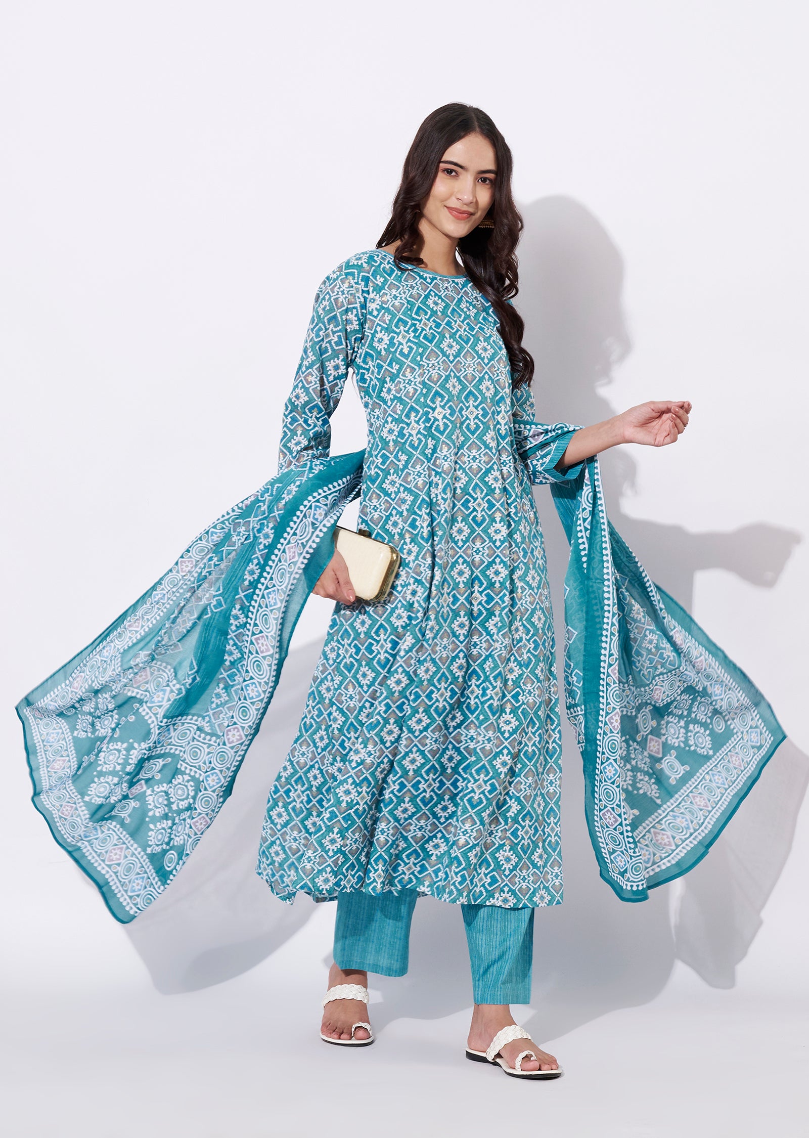 Dusty Blue Cotton Anarkali Suit