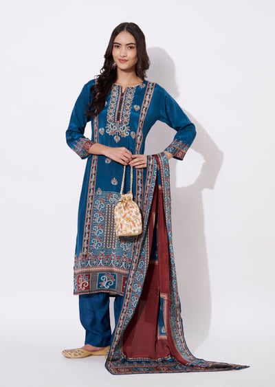 Teal Blue Muslin Straight cut suit
