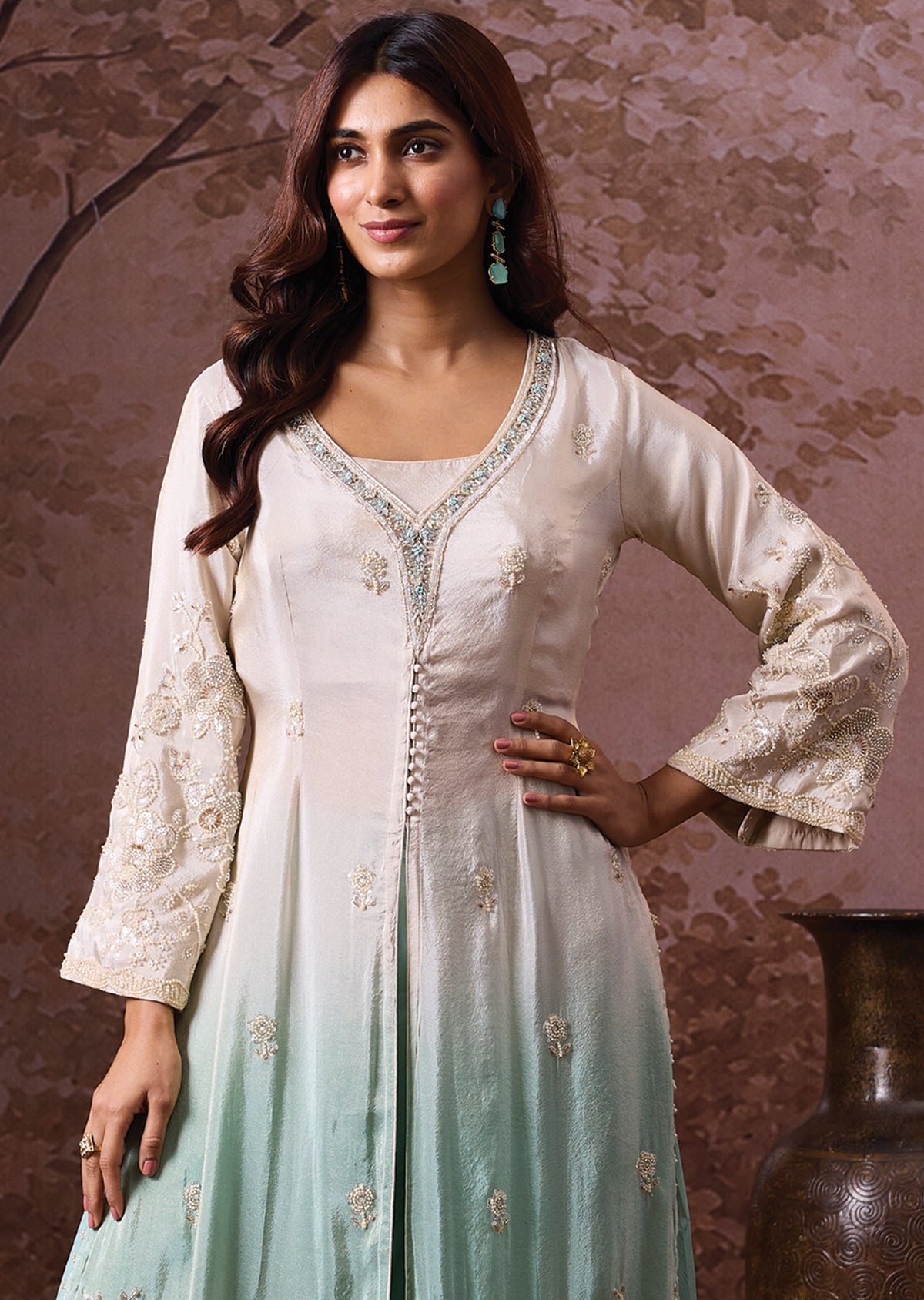 Cream Tissue Indowestern Set