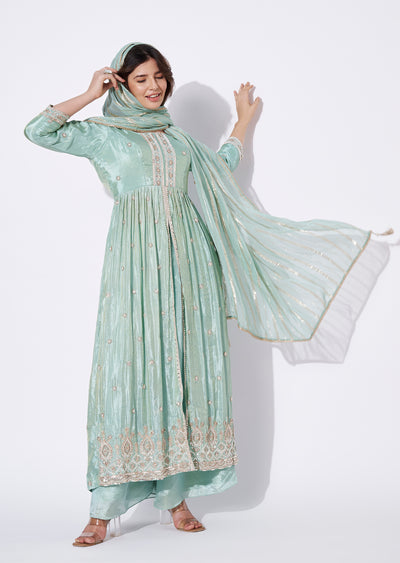 Sea Green Tissue Anarkali Suit