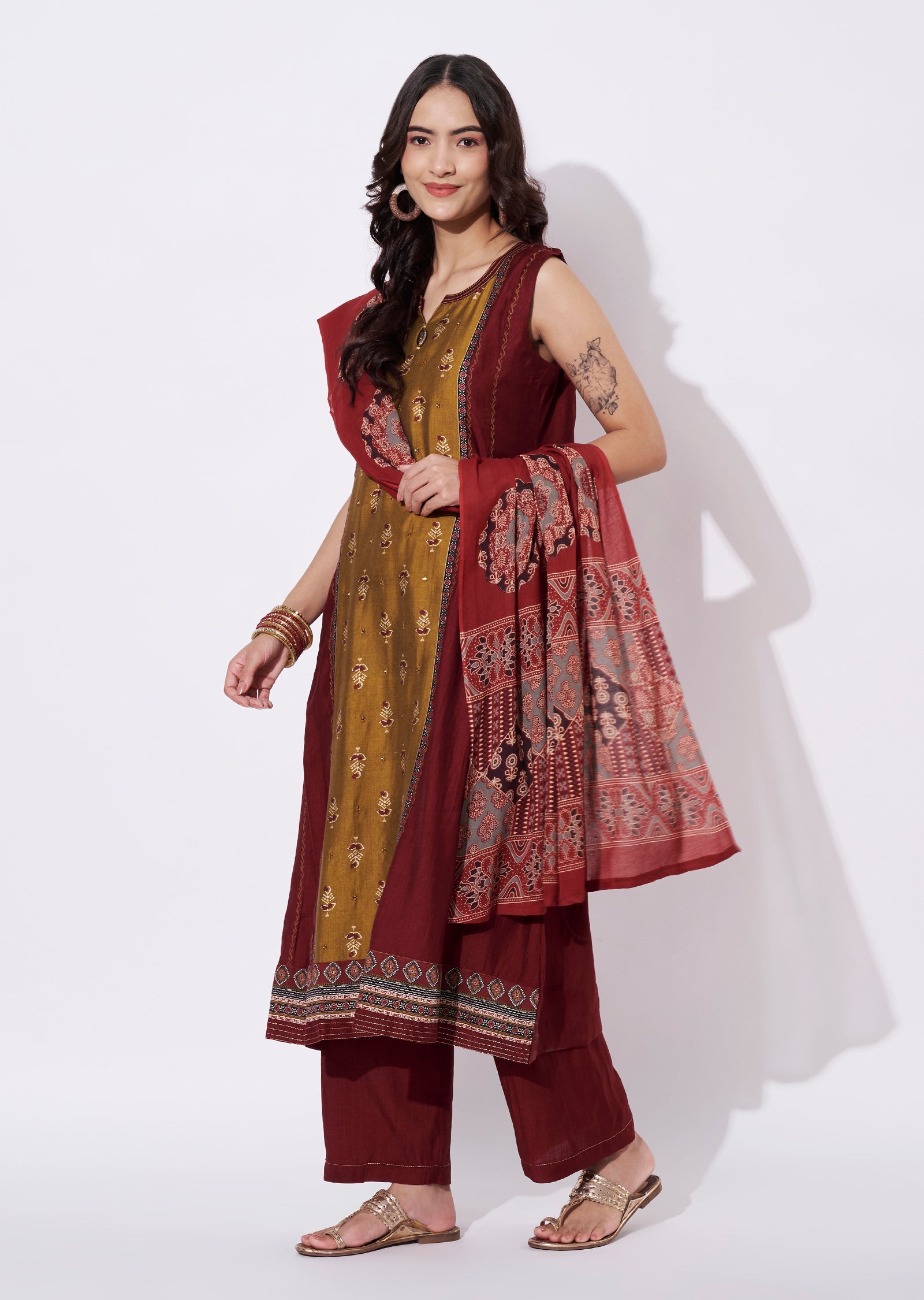 Maroon Gold Kurti Set