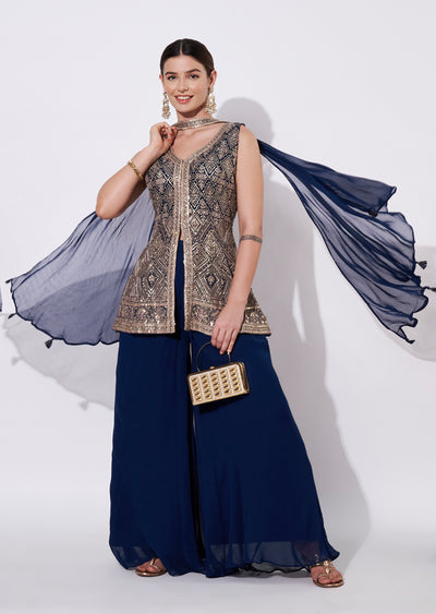 Blue Silk Sharara Set