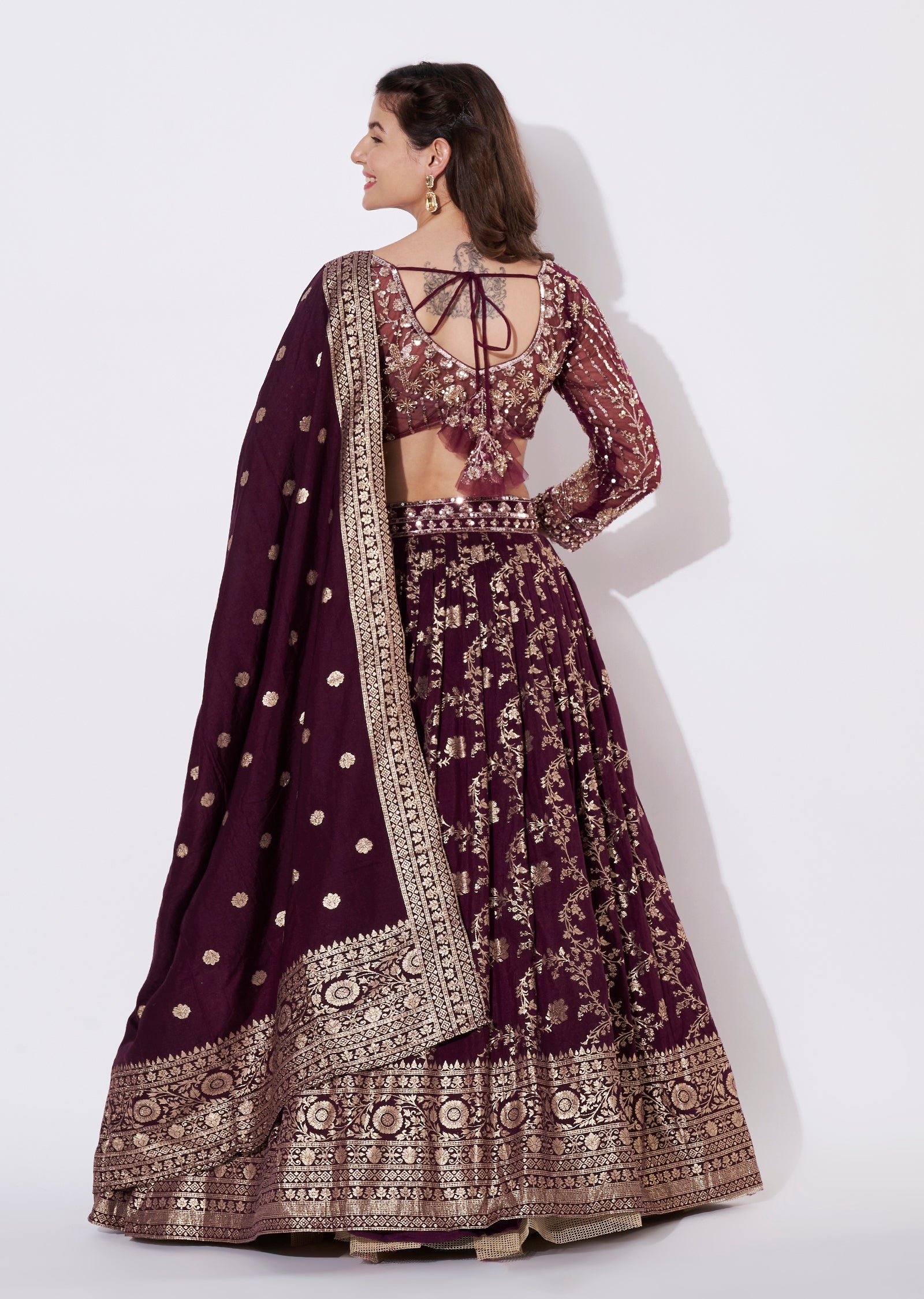 Wine Banaras Silk Lehenga Set