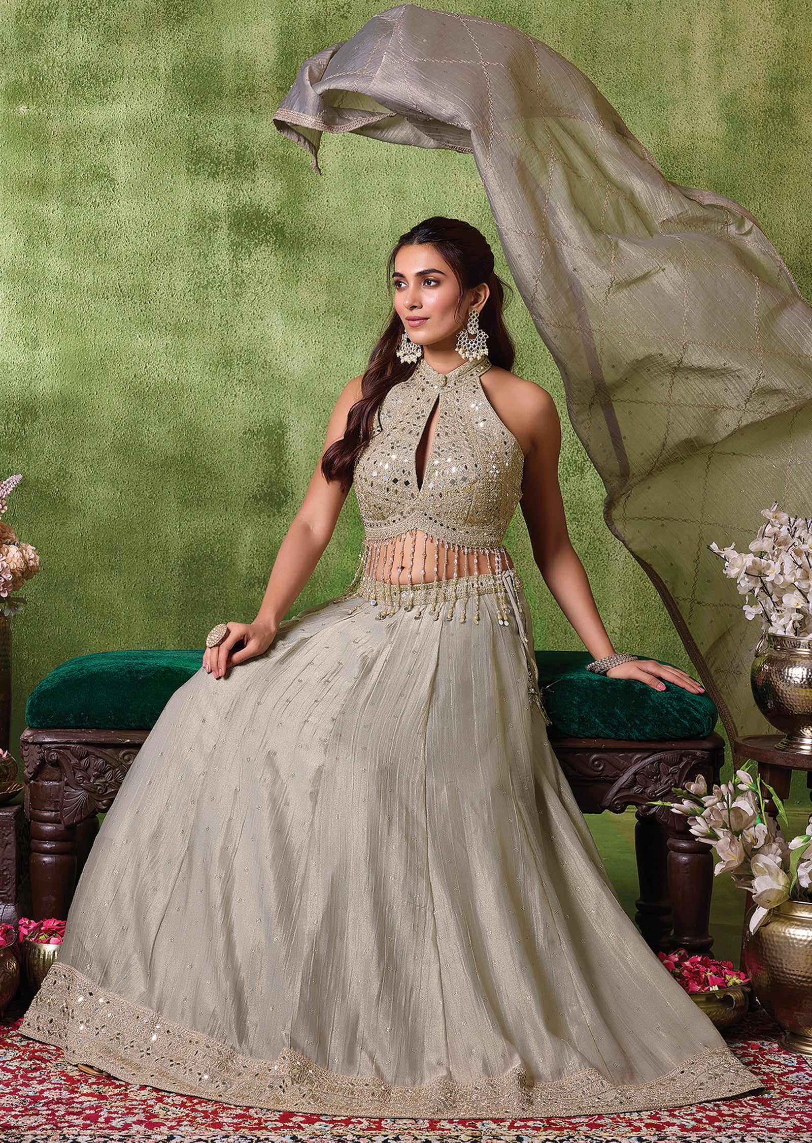 Grey Tissue Lehenga Set
