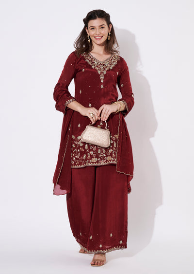 Maroon Chinnon Sharara Set