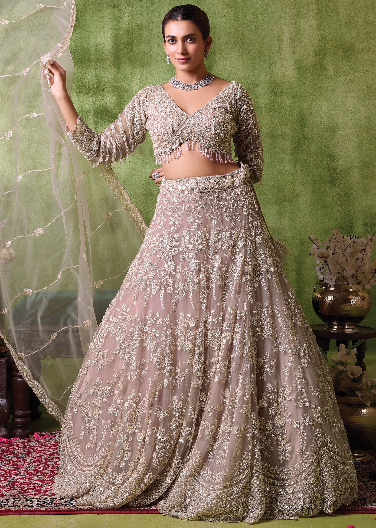 Beige Net Lehenga Set