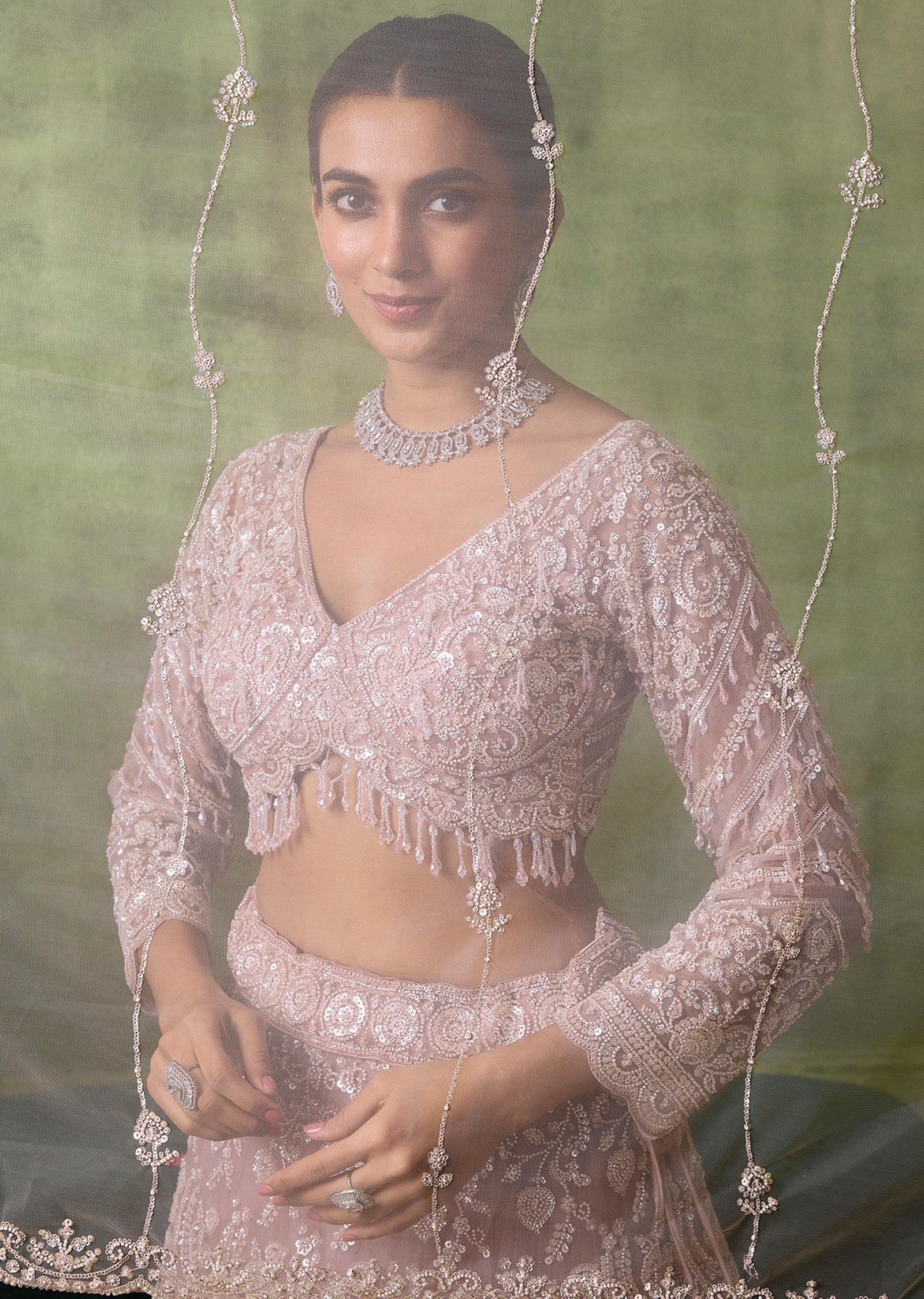 Beige Net Lehenga Set
