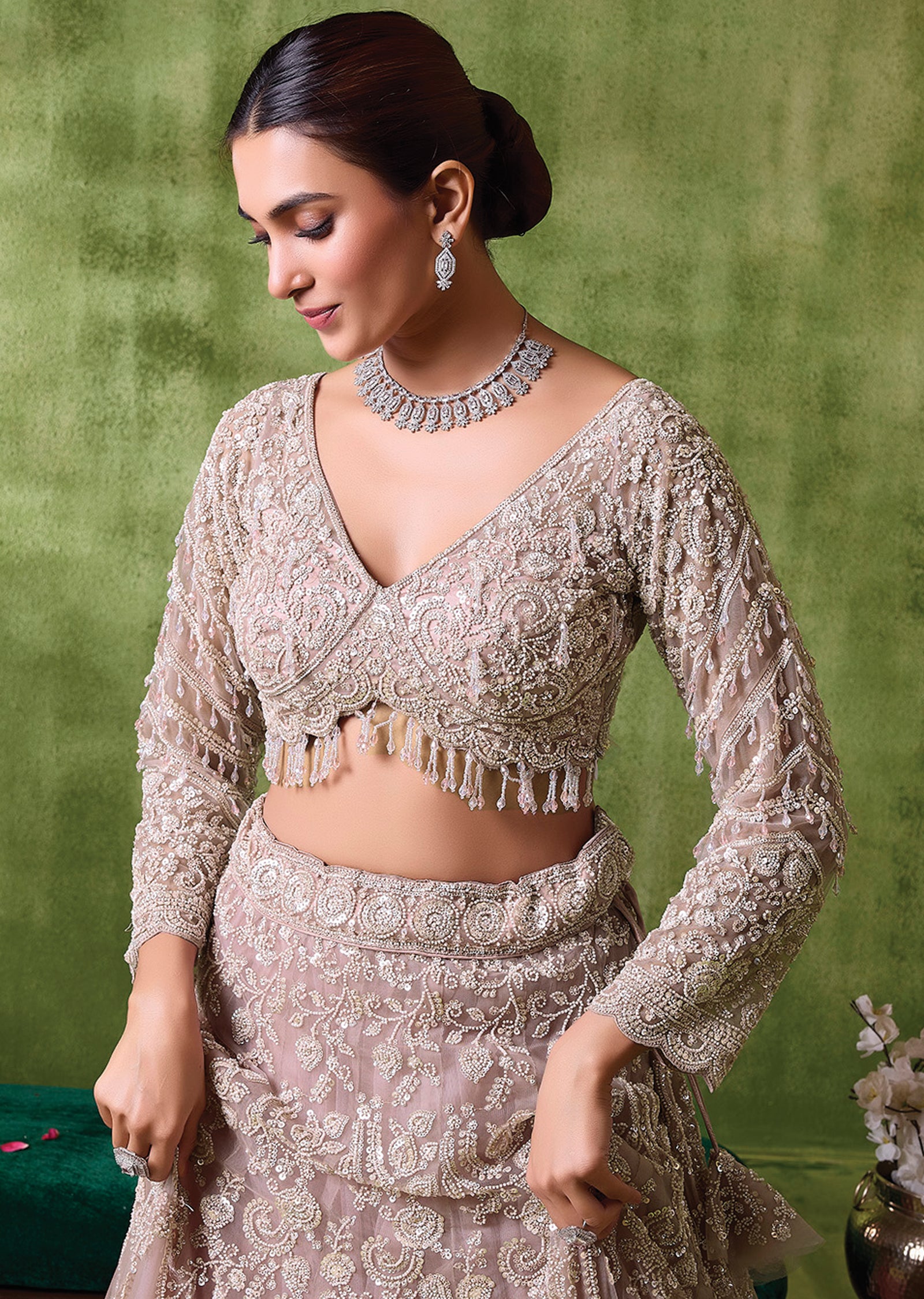 Beige Net Lehenga Set