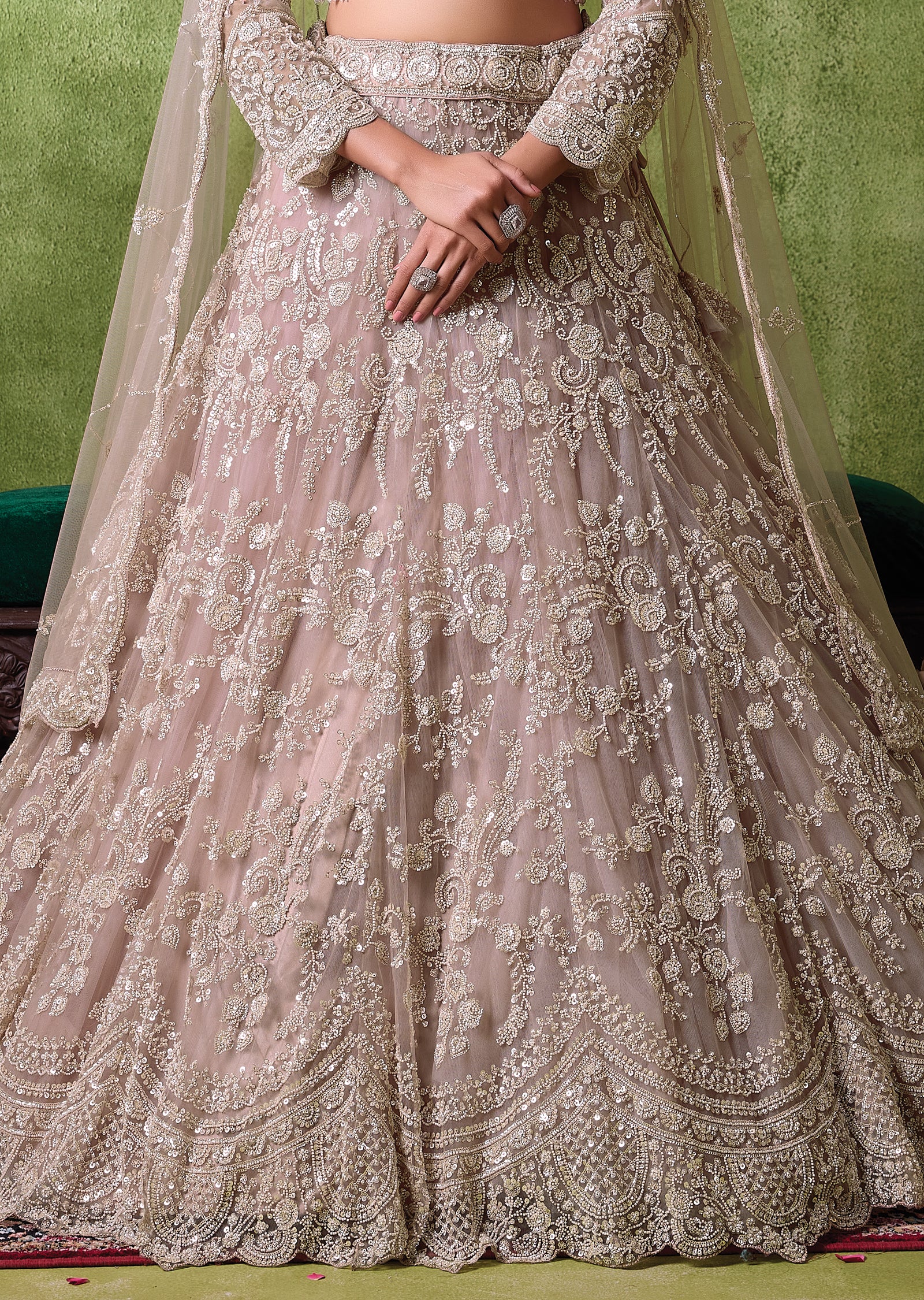 Beige Net Lehenga Set