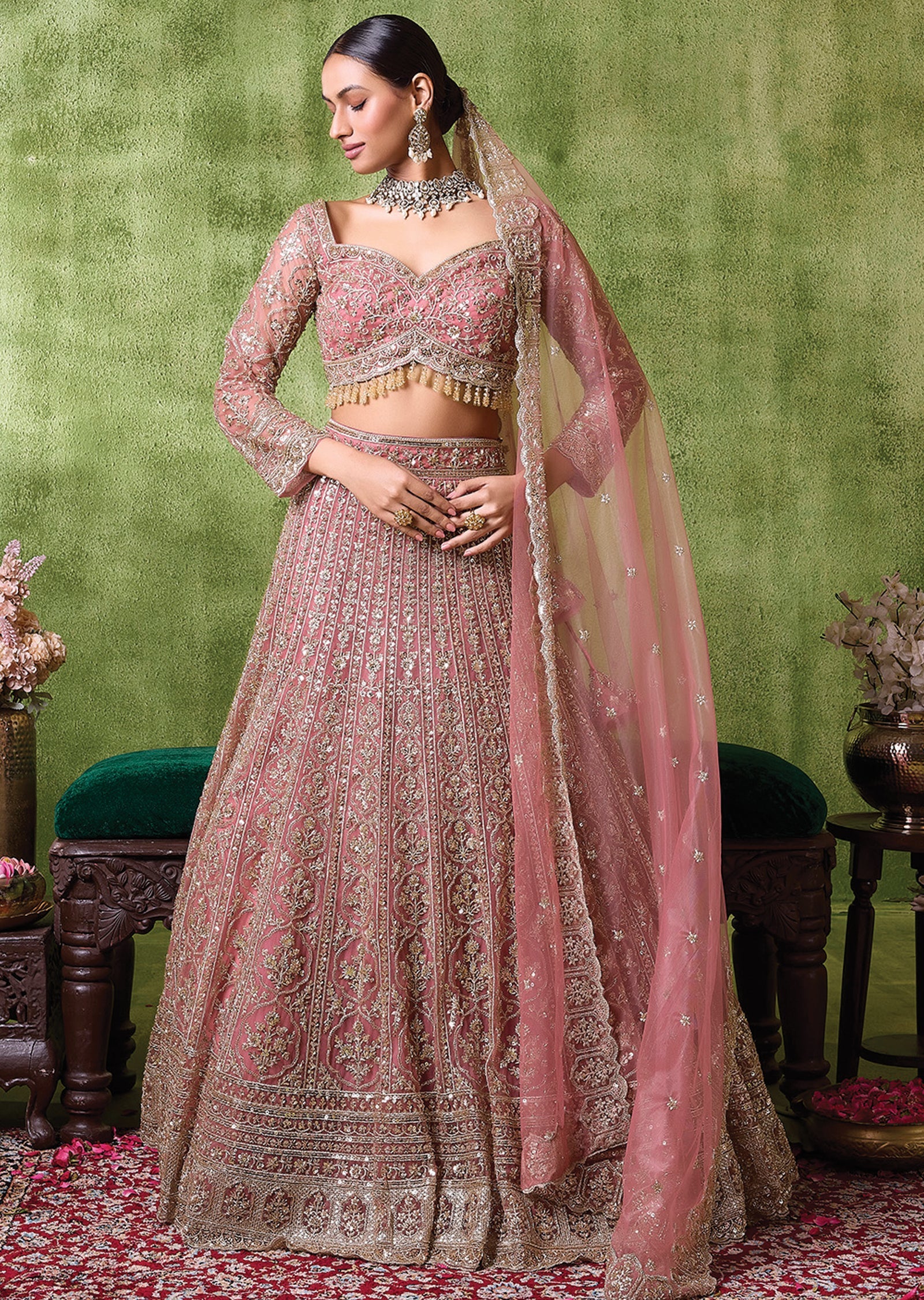 Onion Pink Net Lehenga Set
