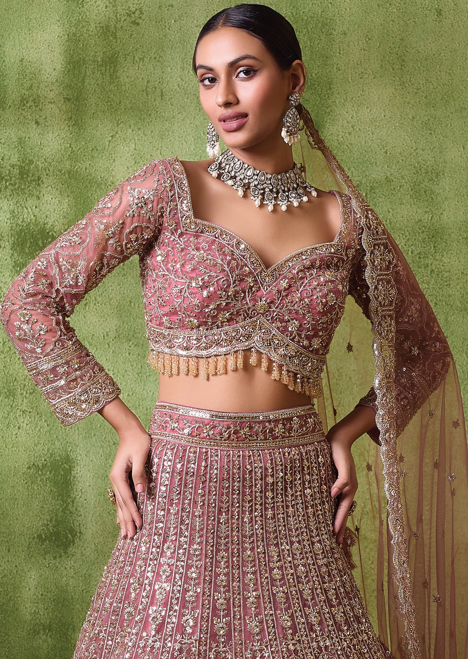 Onion Pink Net Lehenga Set