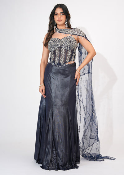 Navy Blue Shimmer Crop top Set