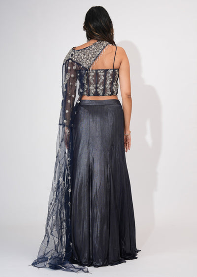 Navy Blue Shimmer Crop top Set