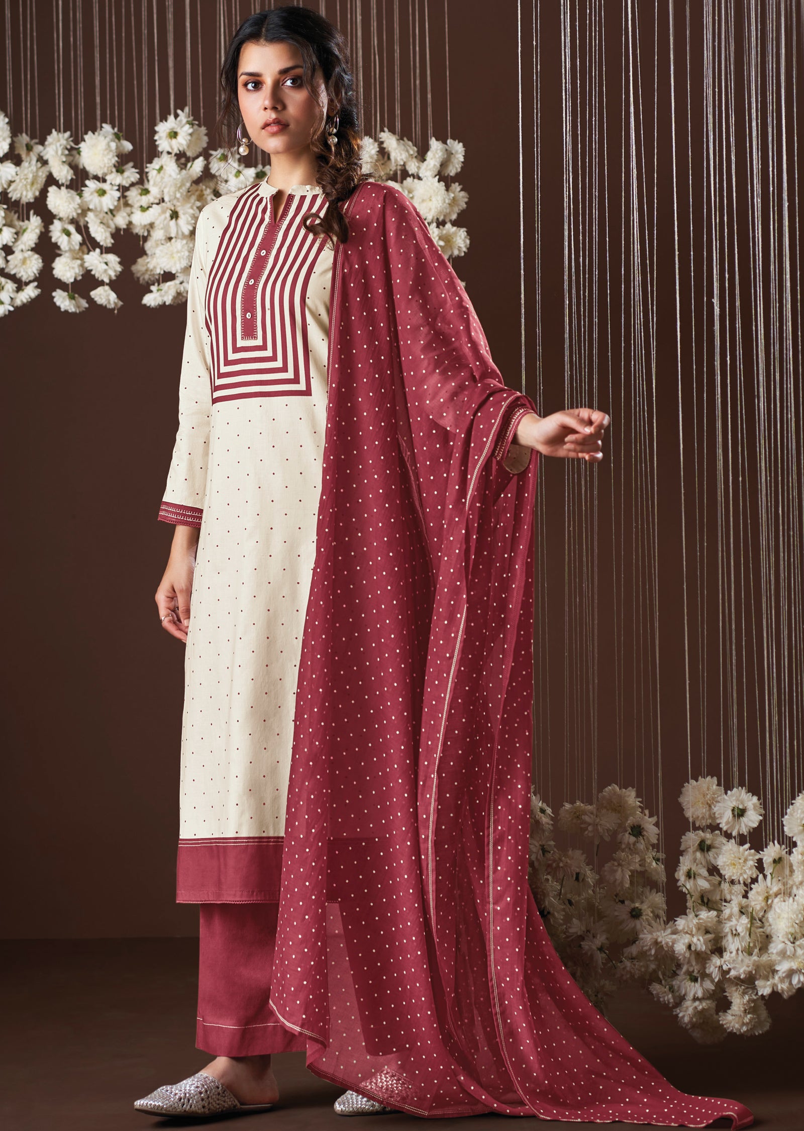 Cream & Maroon Cotton Straight cut suit