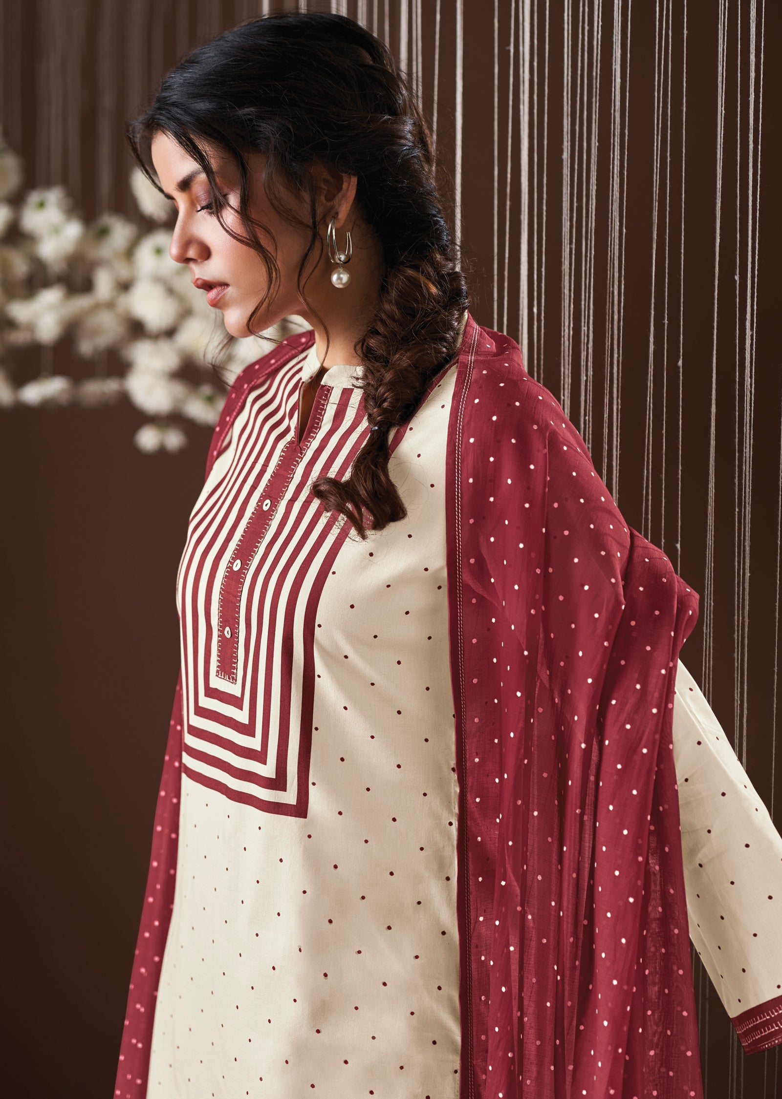 Cream & Maroon Cotton Straight cut suit