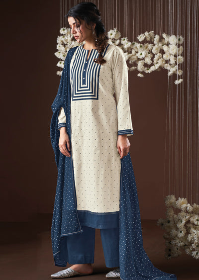 Cream & Blue Cotton Straight cut suit
