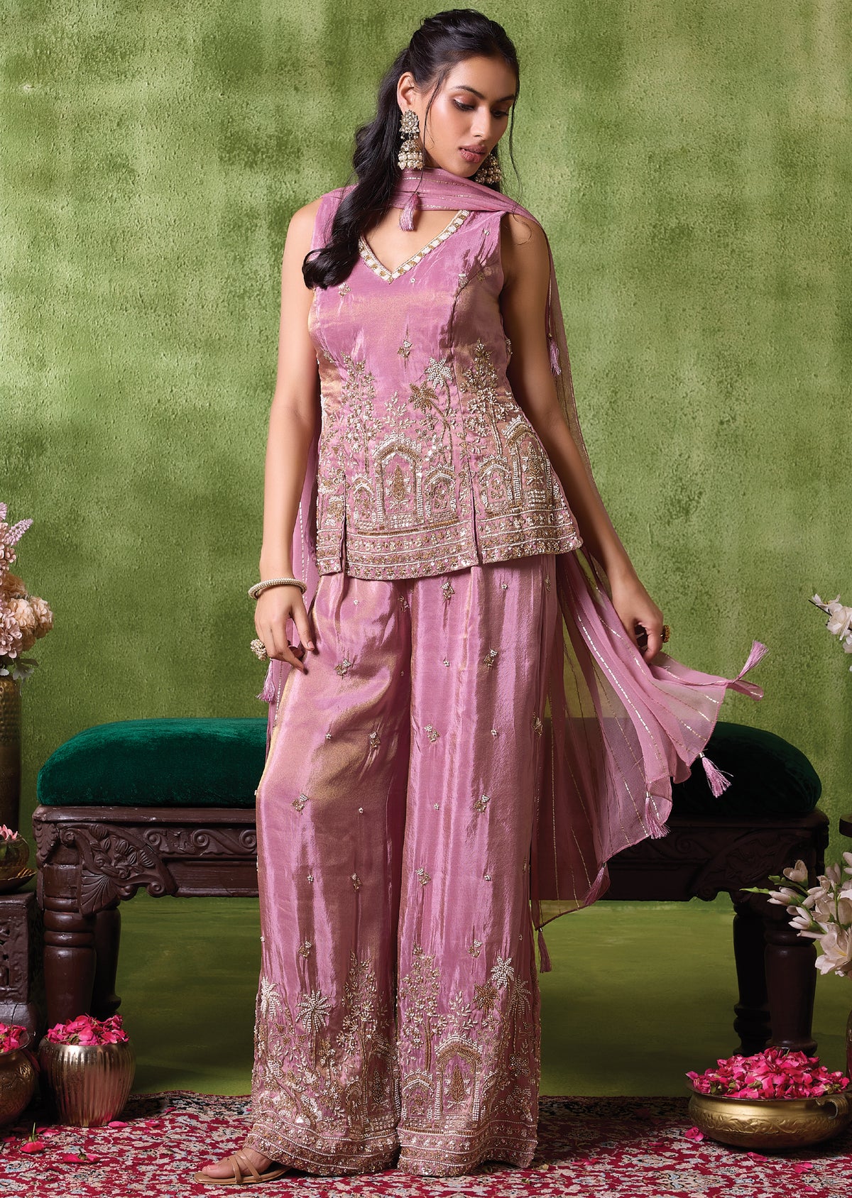 Onion Pink Tissue Sharara Set