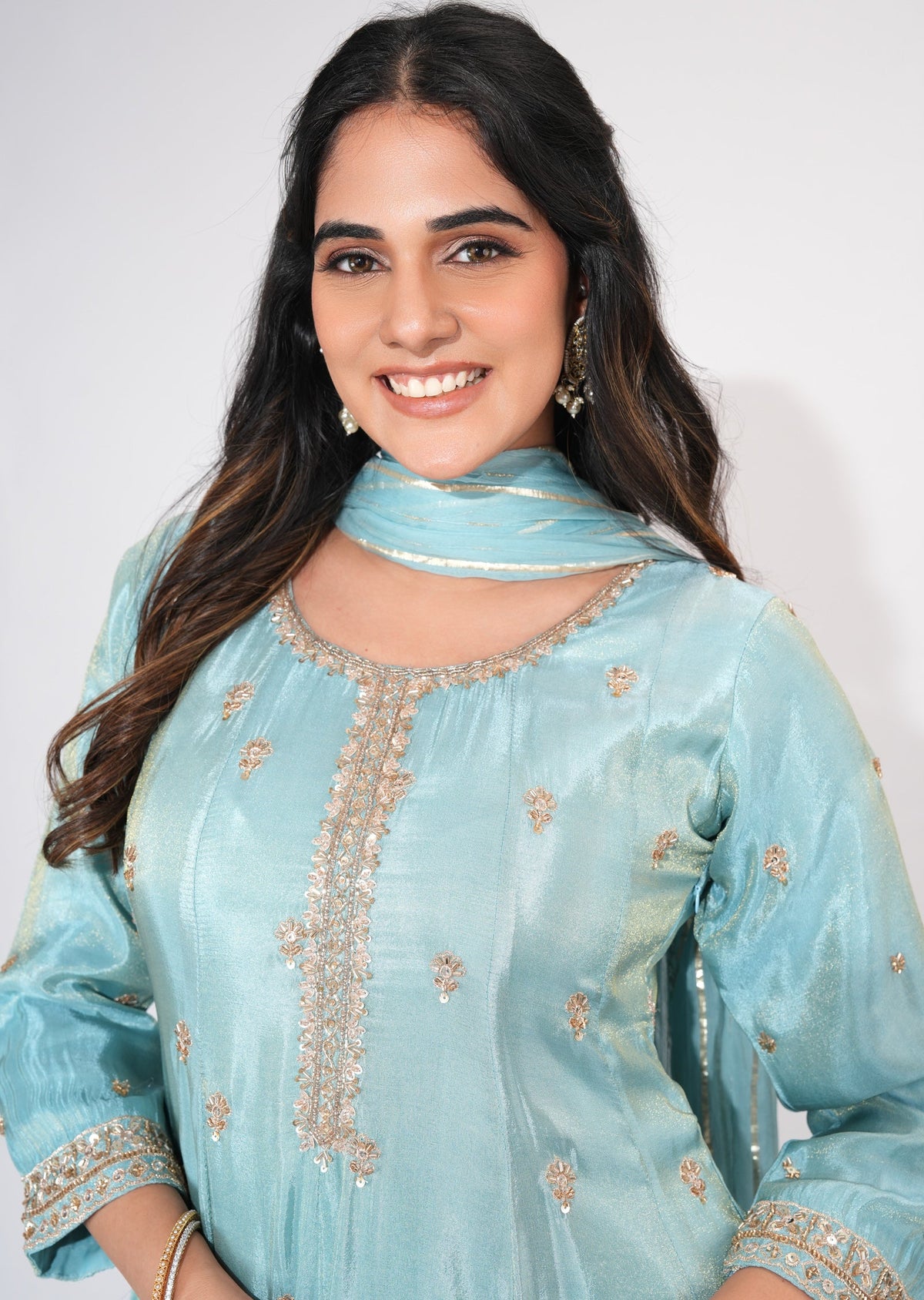 Dusty Blue Tissue Anarkali Suit
