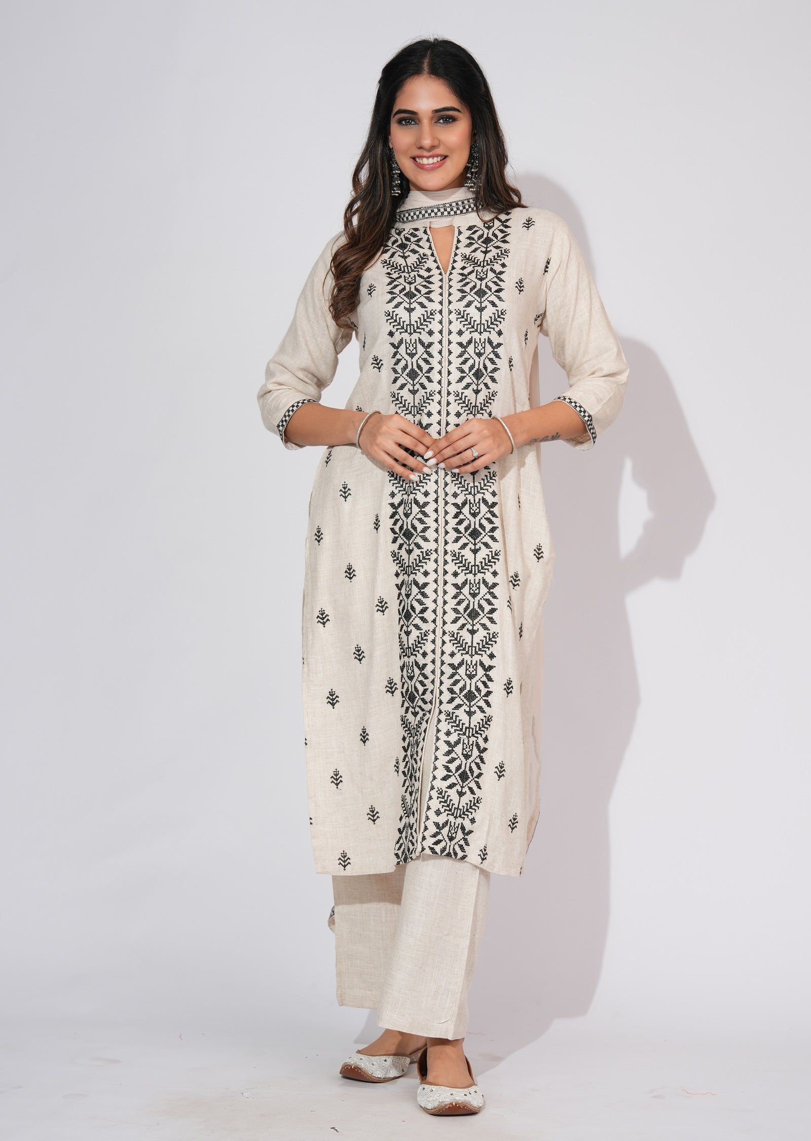 Beige Cotton Straight cut suit