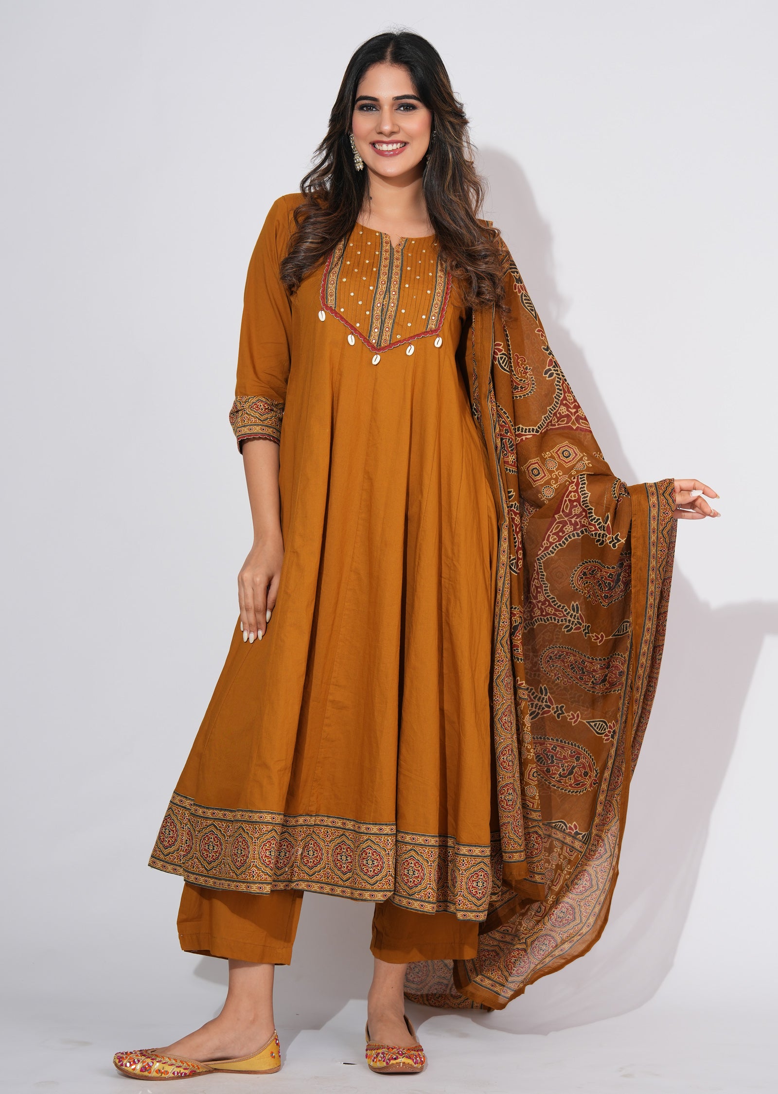 Dark Mustard Cotton Anarkali Suit