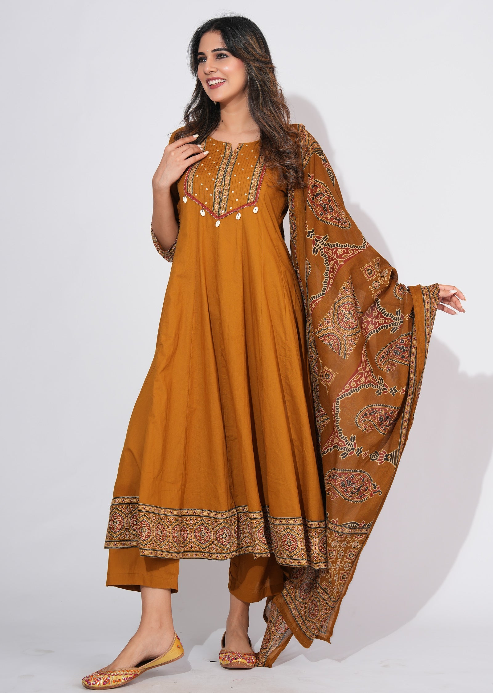 Dark Mustard Cotton Anarkali Suit