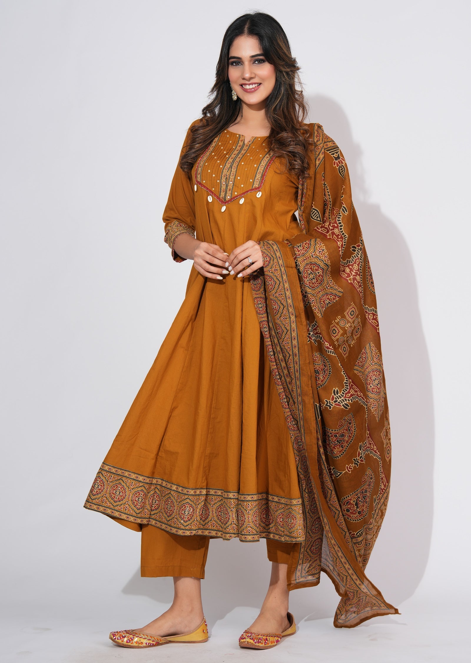 Dark Mustard Cotton Anarkali Suit