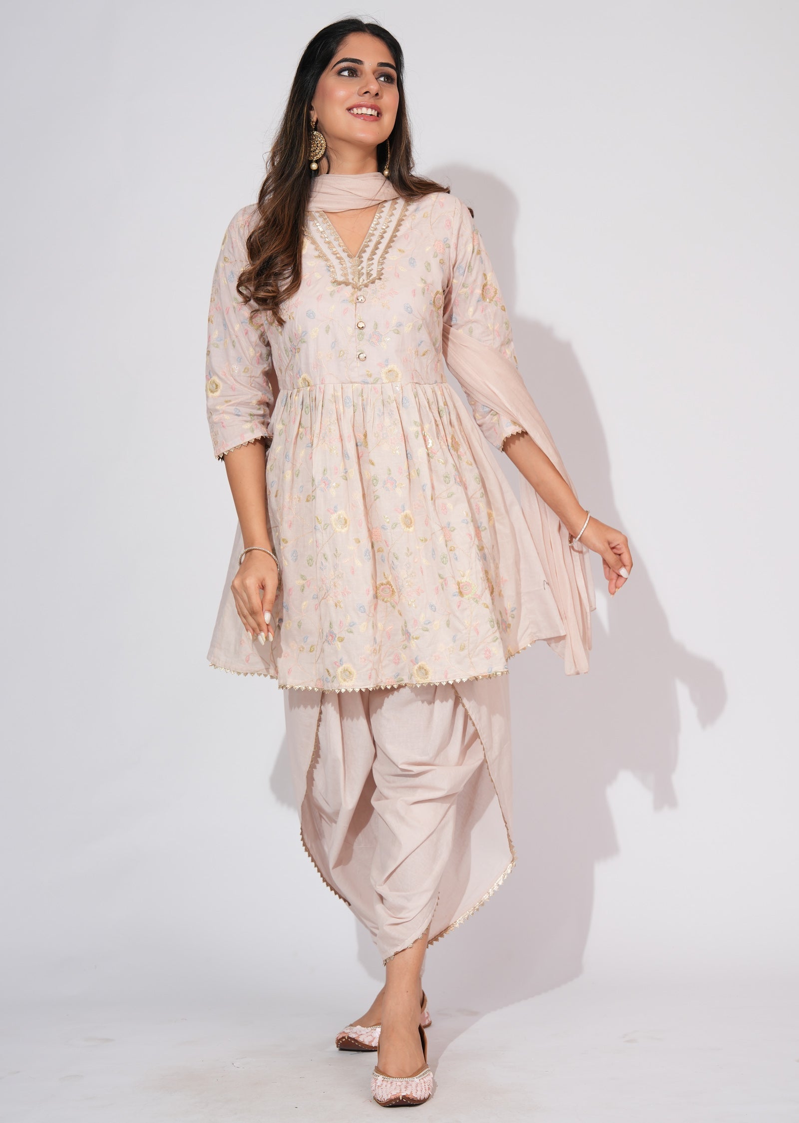 Fawn Cotton Anarkali Suit