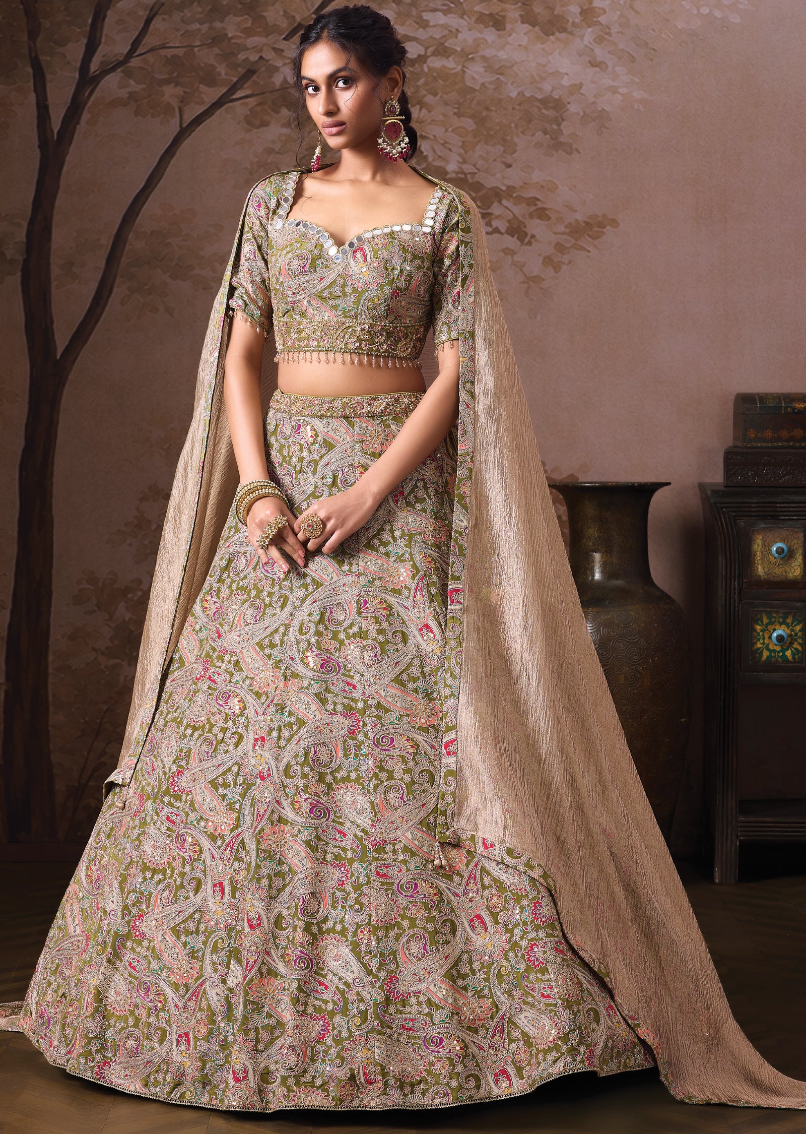 Mehndi Green Silk Lehenga set