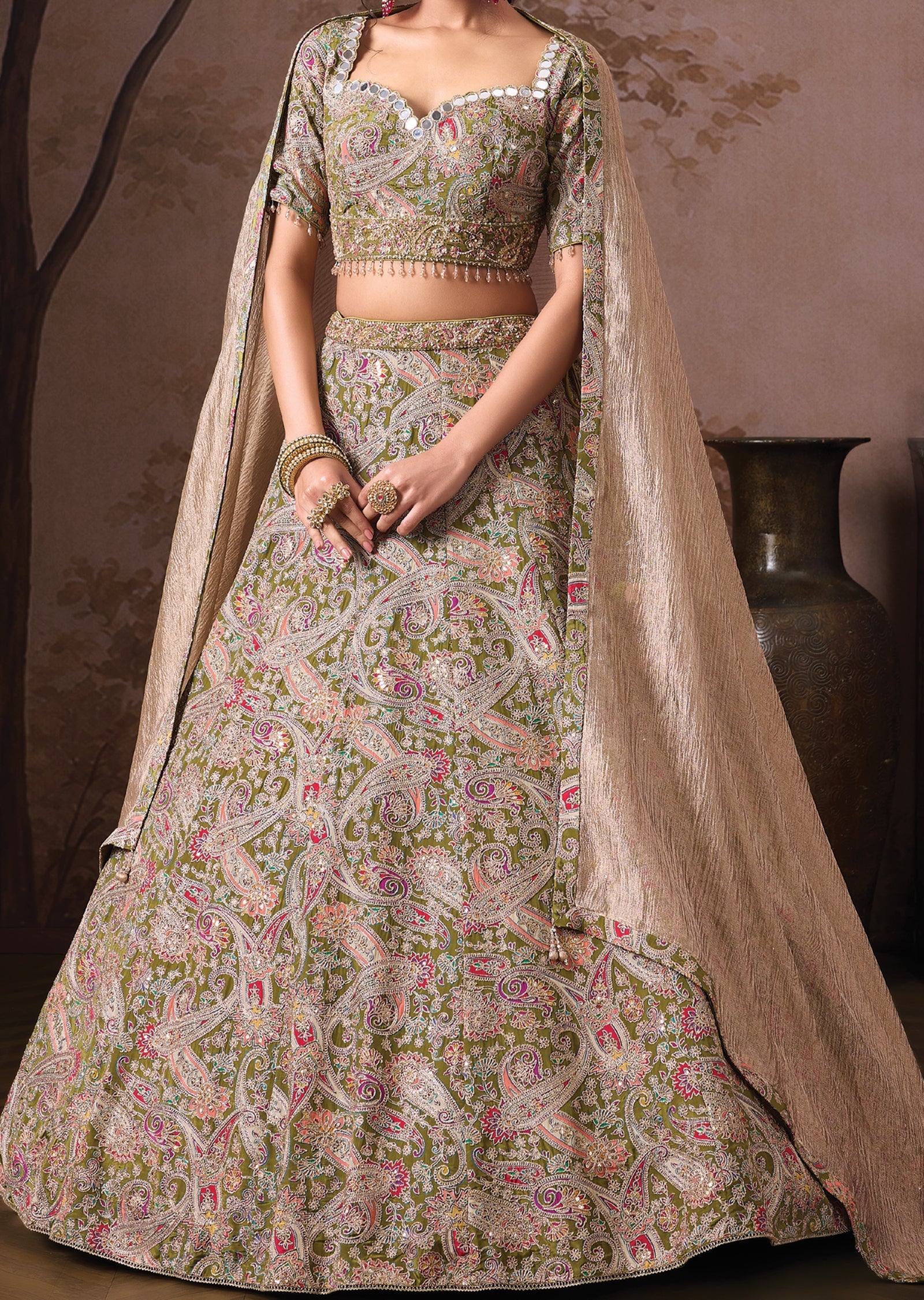 Mehndi Green Silk Lehenga set