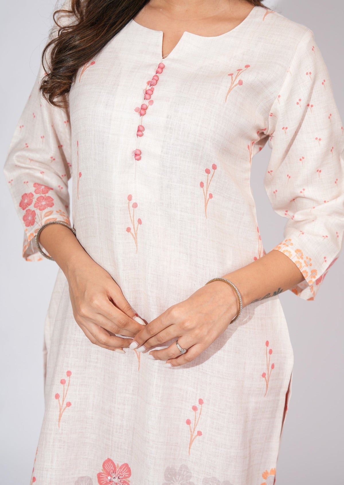 Beige Linen Cotton Straight cut kurti