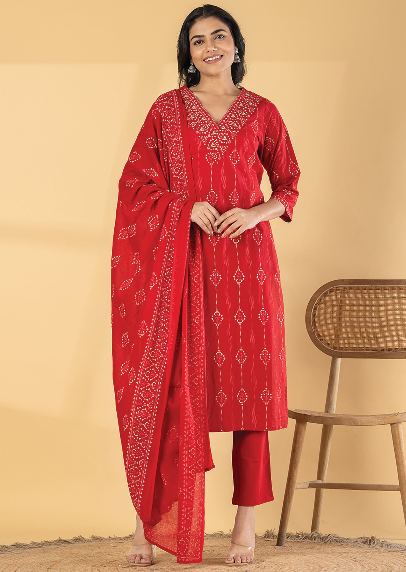 Red Cotton Straight cut suit