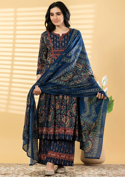 Navy Blue Cotton Anarkali Suit