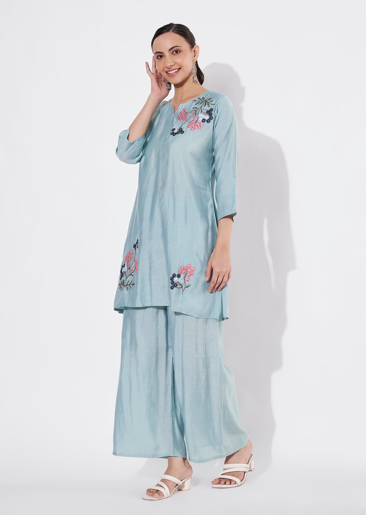 Dusty Green Russian Silk Straight cut Kurti set