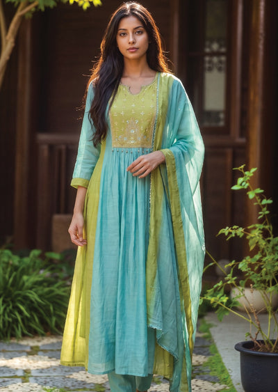 Sea Green Mul Chanderi Anarkali Suit