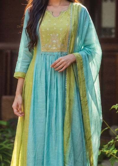 Sea Green Mul Chanderi Anarkali Suit