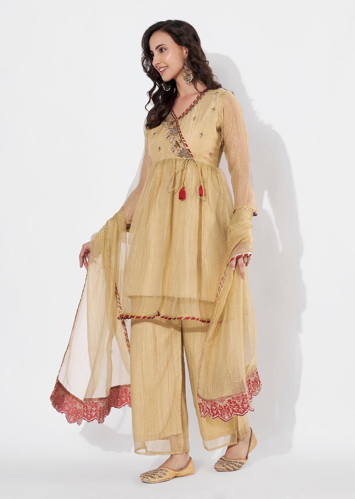 Gold Tissue Anarkali suit