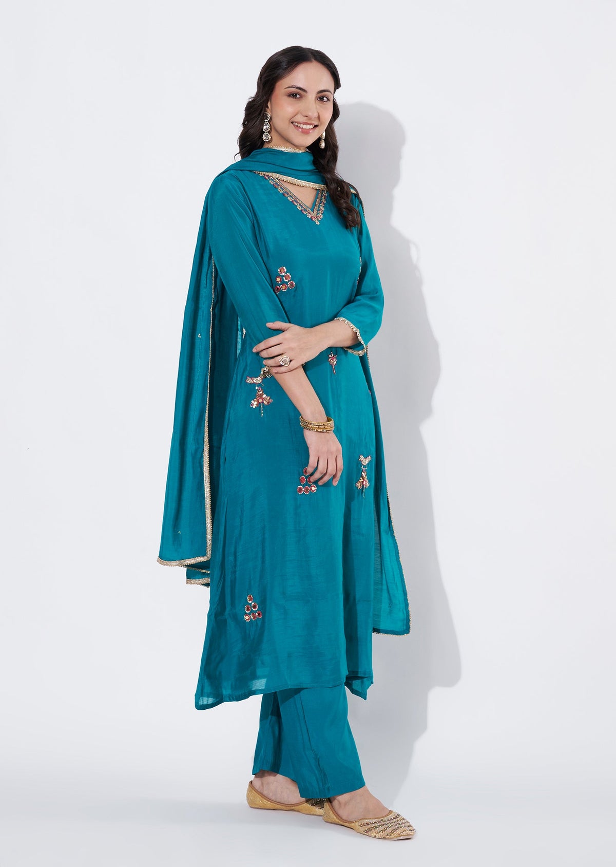 Rama Green Mul Chanderi Anarkali suit