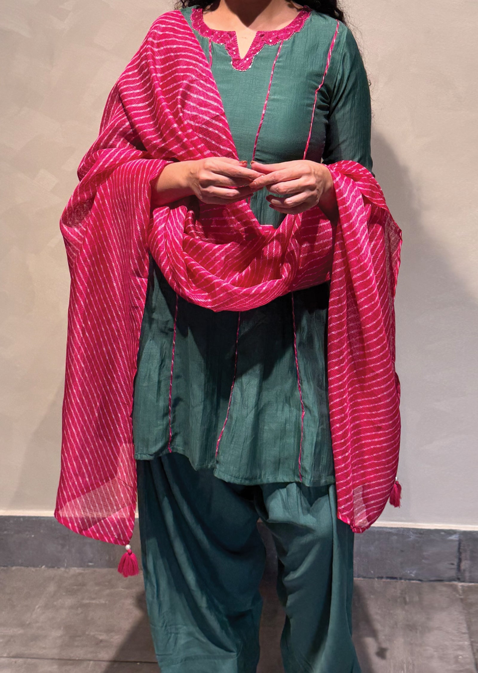 Dark Green Mul Chanderi Anarkali Suit