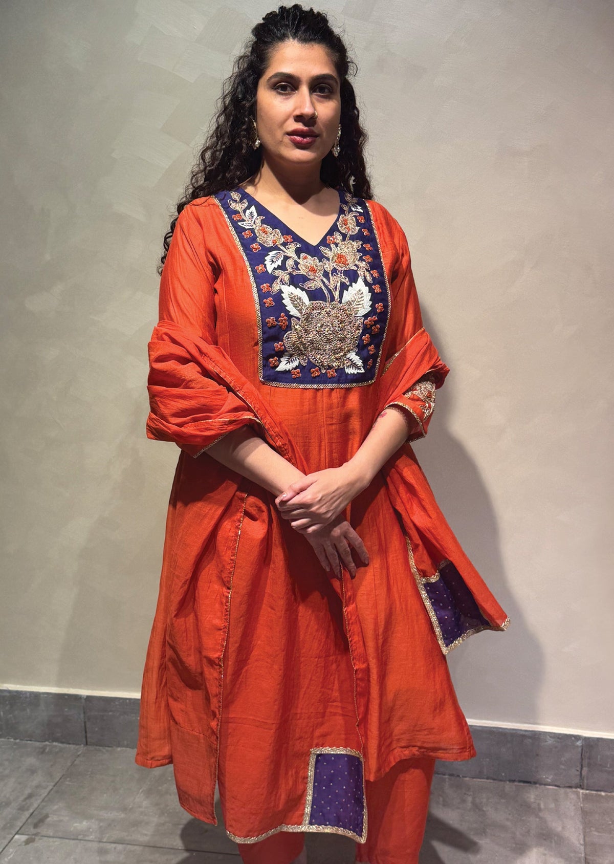 Dark Rust Mul Chanderi Anarkali Suit
