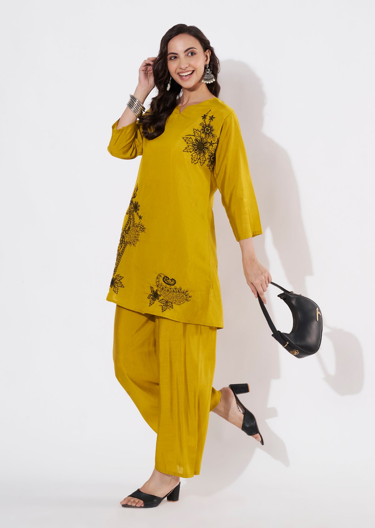 Mustard Russian Silk Straight cut Kurti set