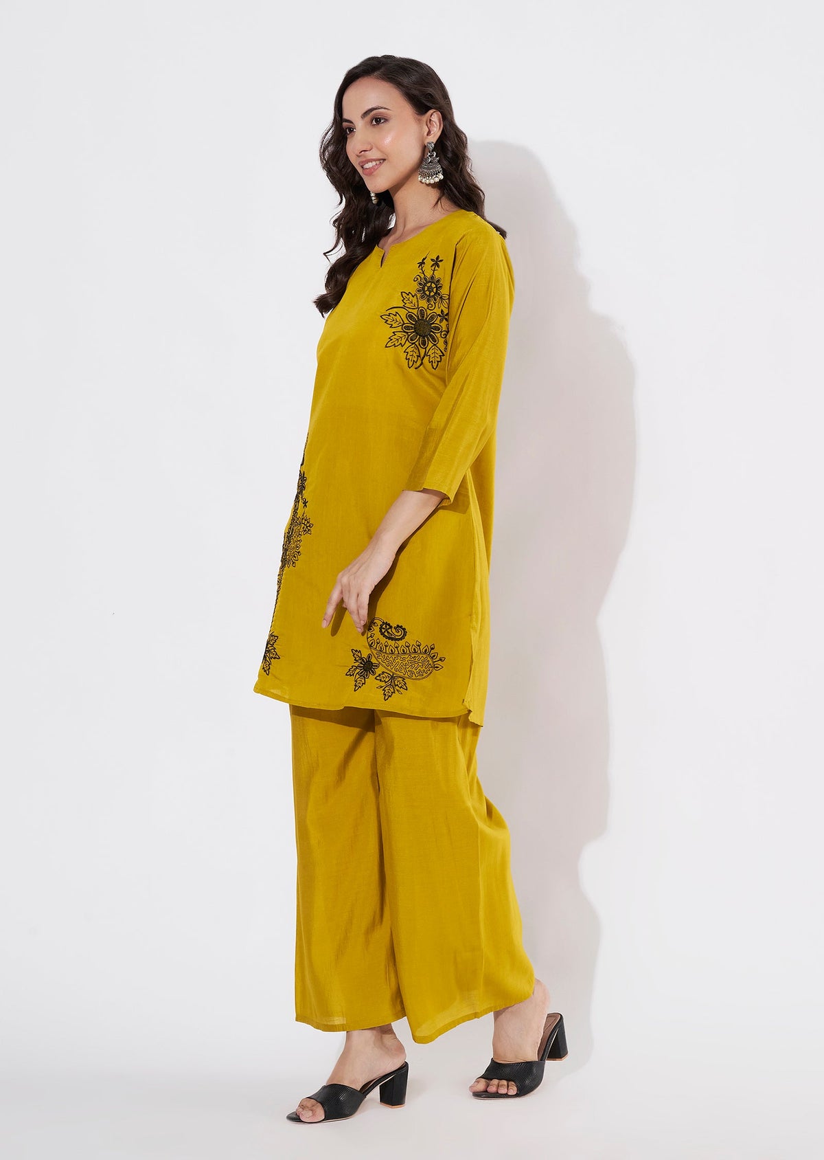 Mustard Russian Silk Straight cut Kurti set