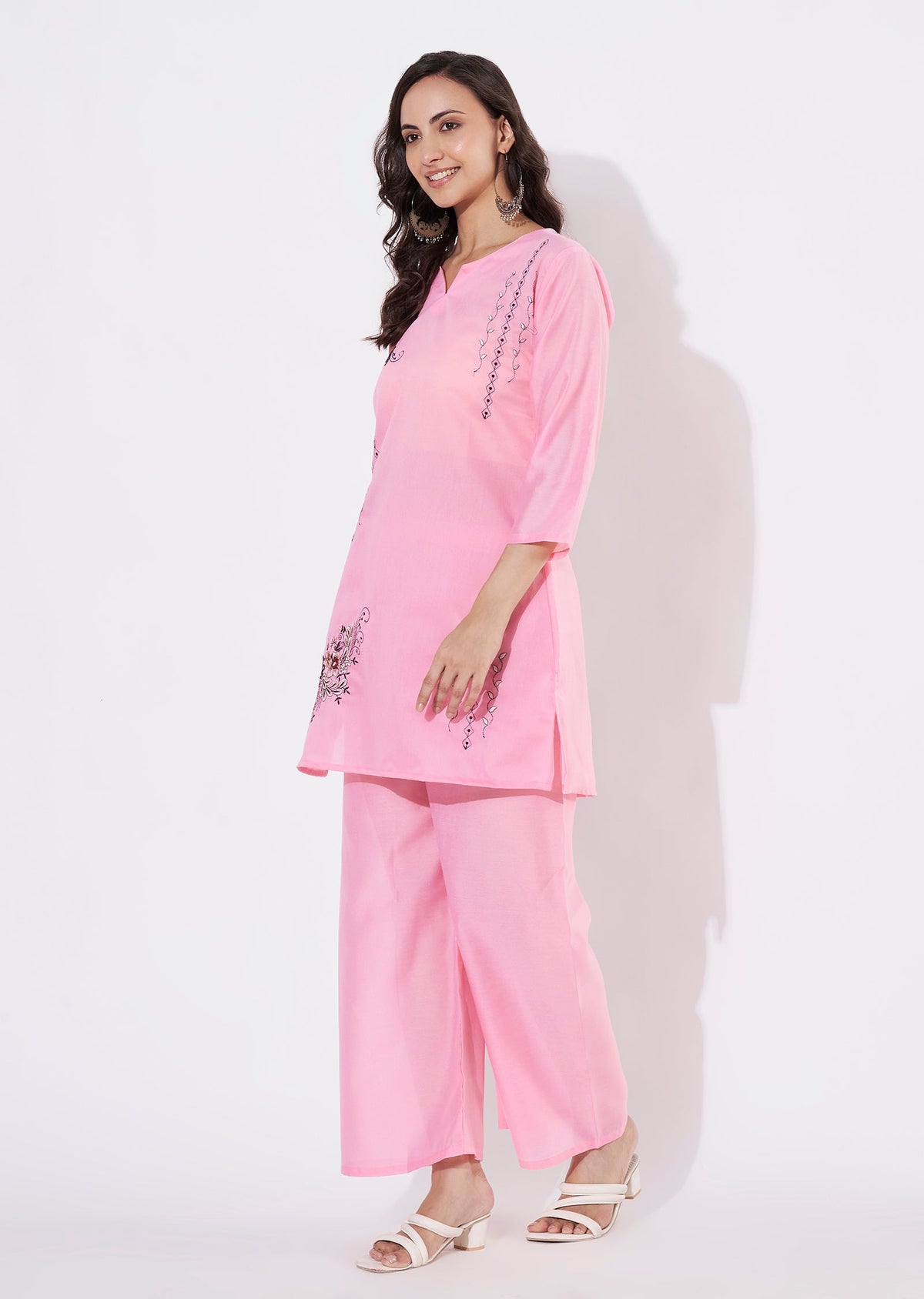 Baby Pink Russian Silk Straight cut Kurti set