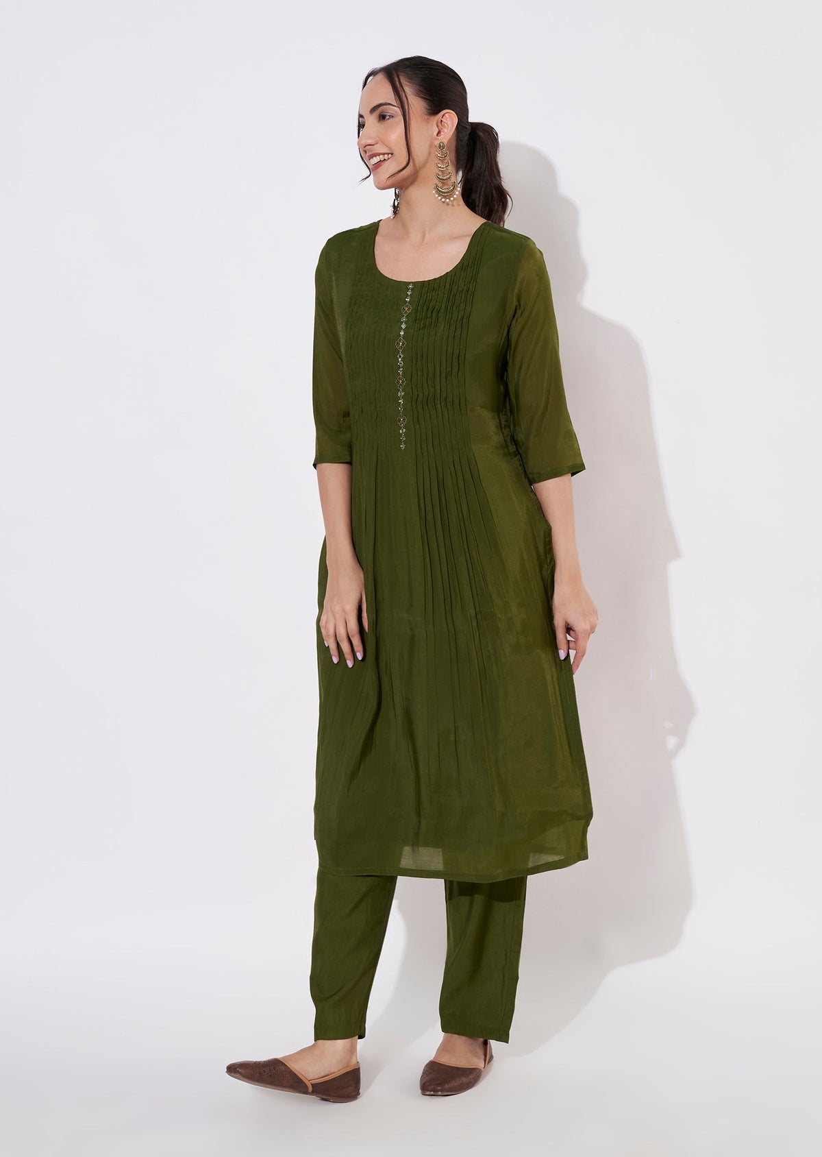 Olive Green Mul Chanderi Kurti set